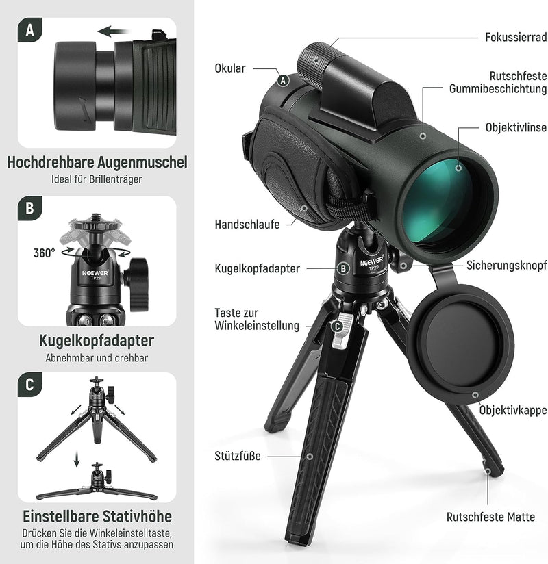 NEEWER 12x50 ED Monokular Teleskop,handy teleobjektiv mit Handy Clip/Metall Stativ/Tasche,IPX7 wasse