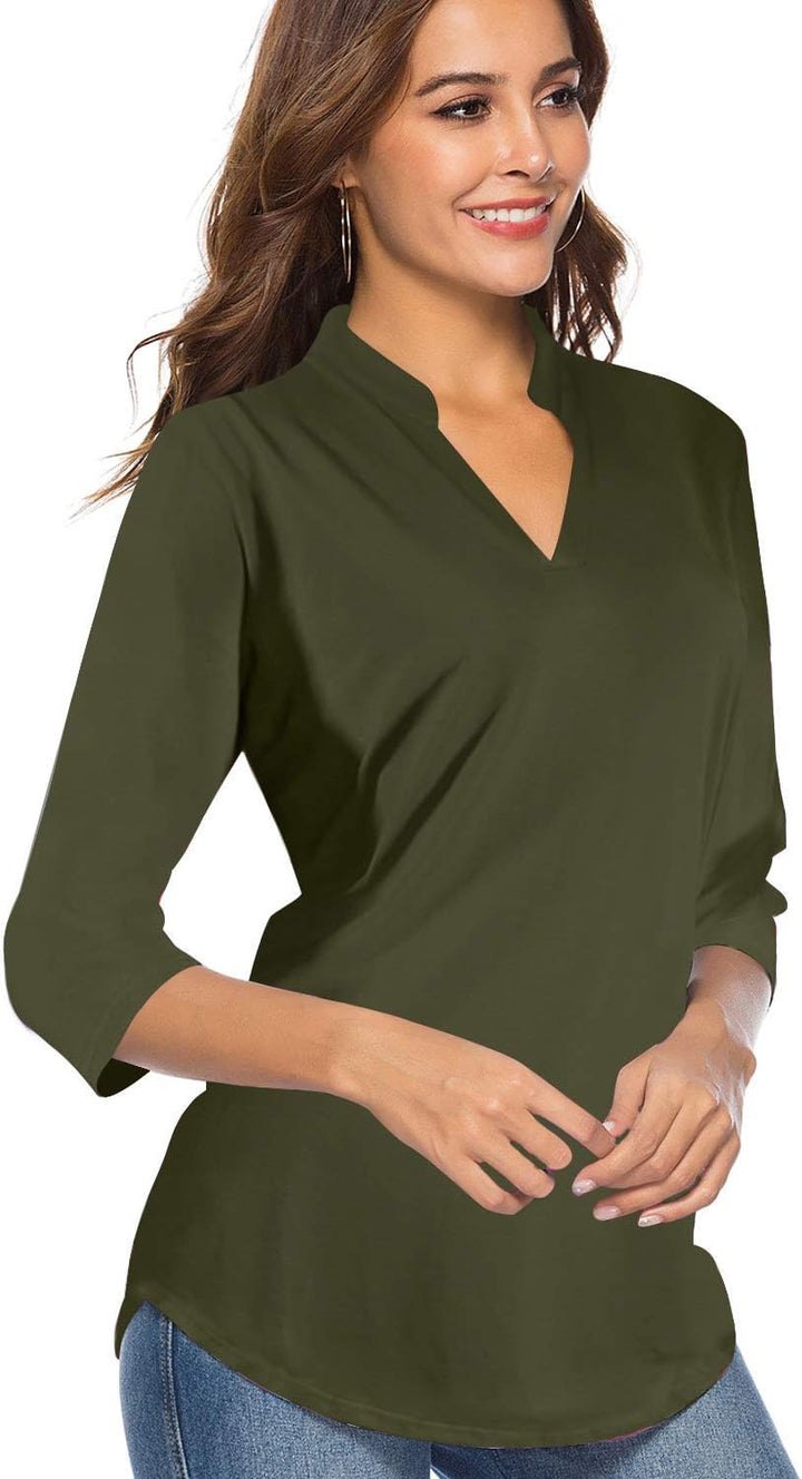 CEASIKERY Damen-Top mit 3/4-Ärmel und V-Ausschnitt, lässige Tunika, lockere Bluse, Shirt, Armee-Grün