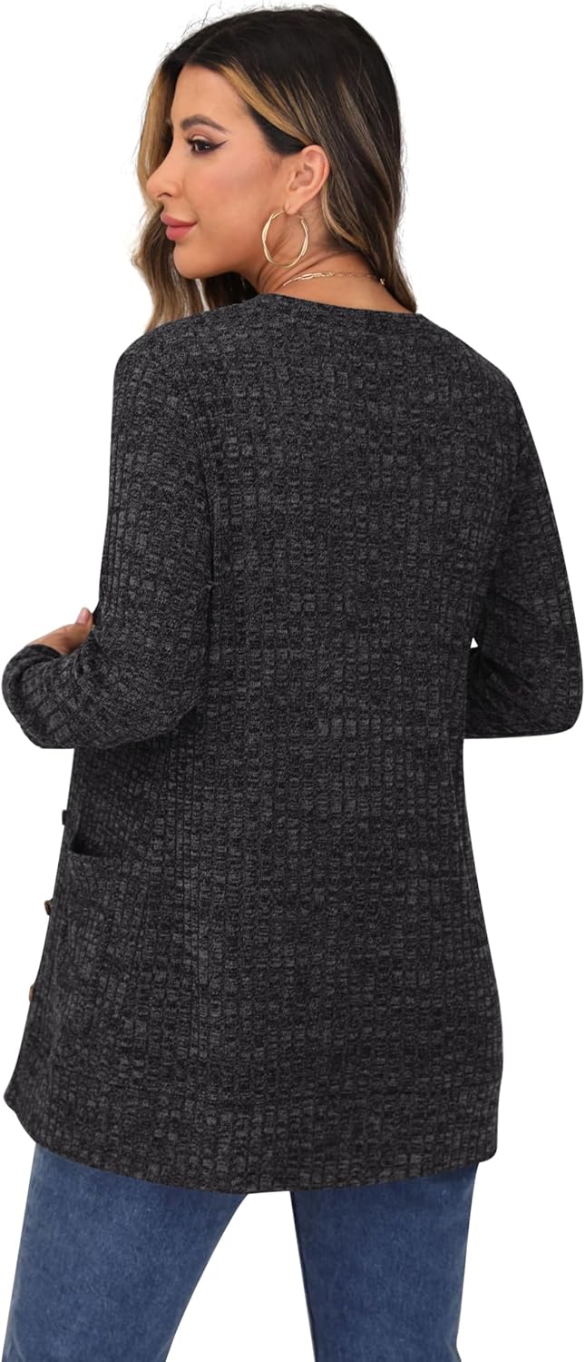 GRECERELLE Damen Leichte Strickjacke Lang mit Taschen und Knöpfen Long Elegant Cardigan V-Ausschnitt