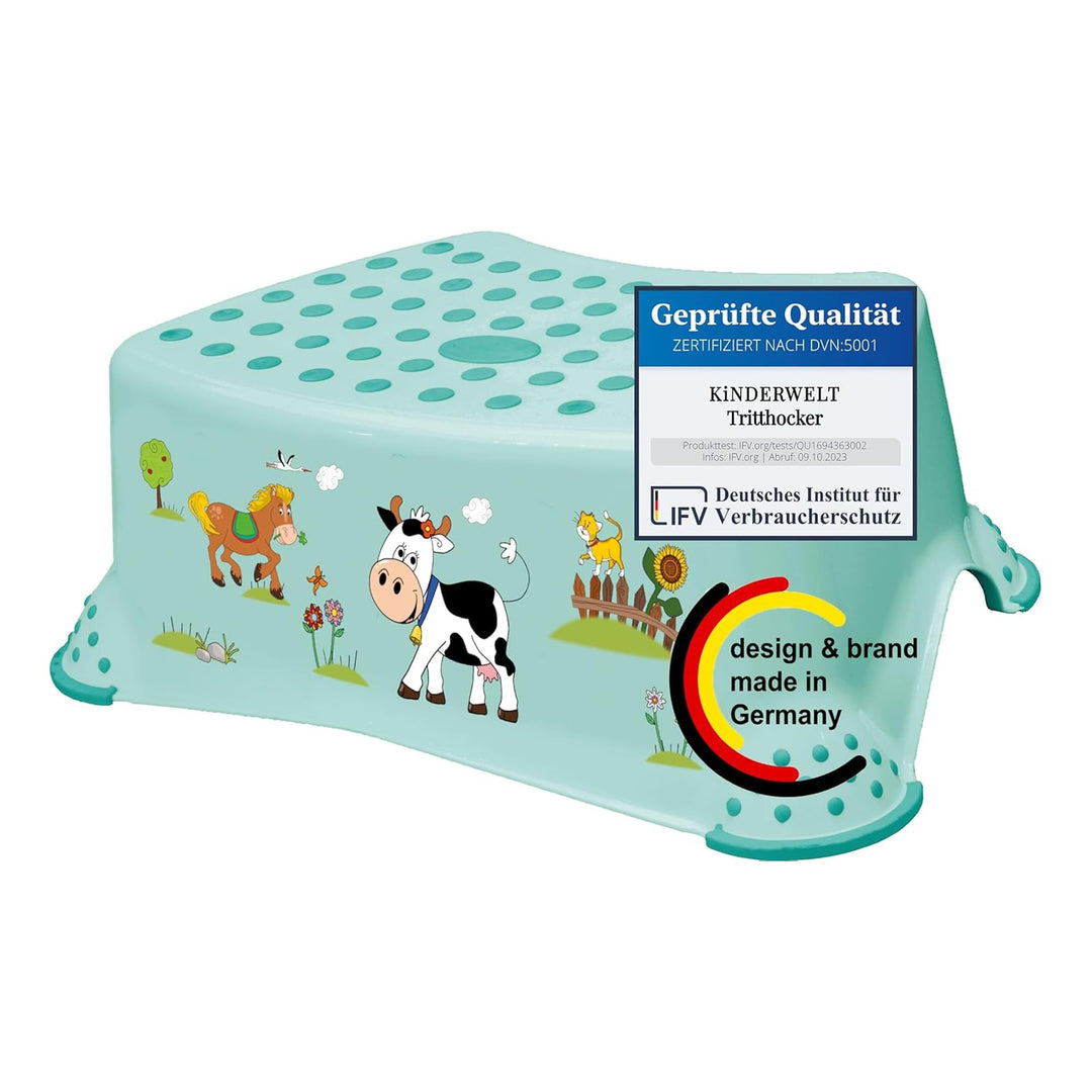 KiNDERWELT Premium Tritthocker für Kinder und Babys, Bauernhof Design in Aquamarin, Tritthocker Stuf