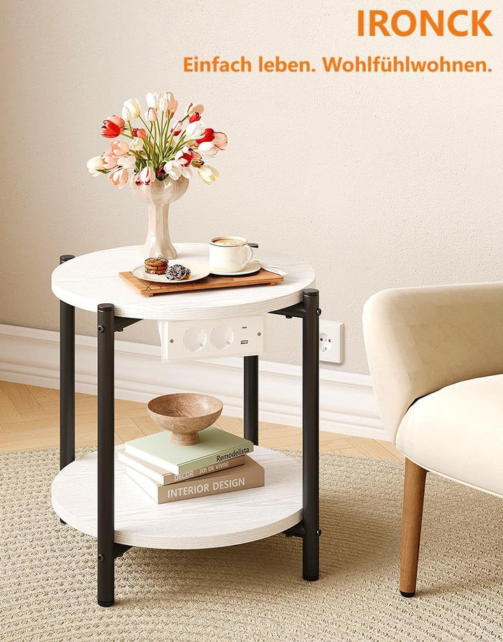 IRONCK Beistelltisch rund, Couchtisch mit Steckdose, Kleiner Tisch Holz, Wohnzimmertisch 2 Ablagen,S