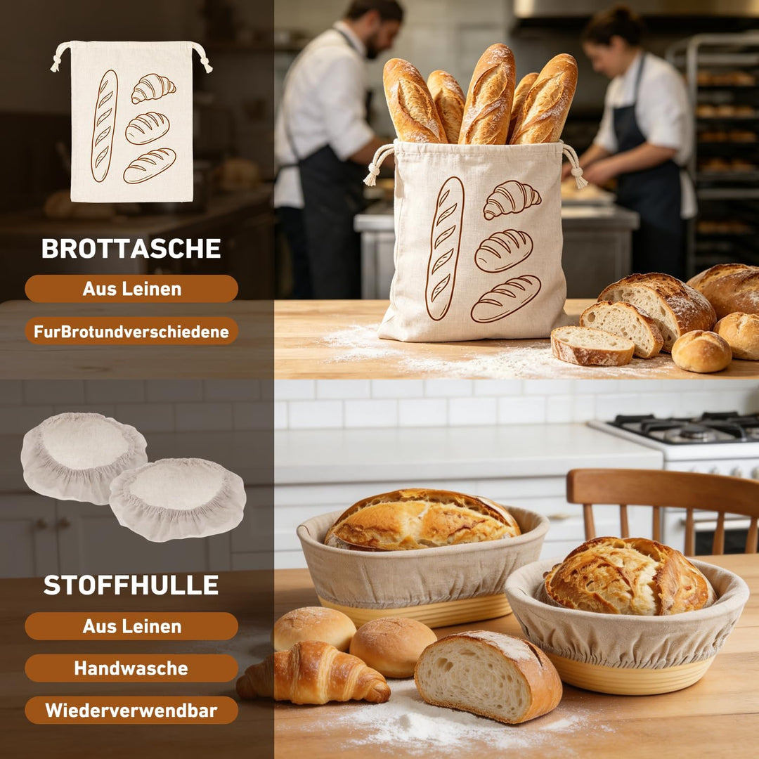Sauerteig Starter Set 18-teilig,klappbare Silikon Gärkörbe rund+oval | 2 Körbe (rund 23/oval 25 cm),