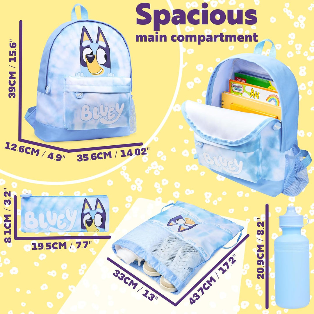 BlueY Rucksack Kinder Set 4 Teilig Trinkflasche Federmäppchen Lunchtasche oder Turnbeutel Kinder für