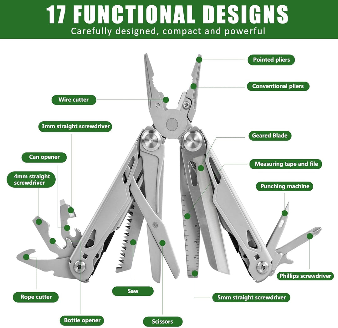 17-in-1 Multi Tool, Faltbares Multifunktion Zange Werkzeug Edelstahl, mit Zange Schraubendreher Mess