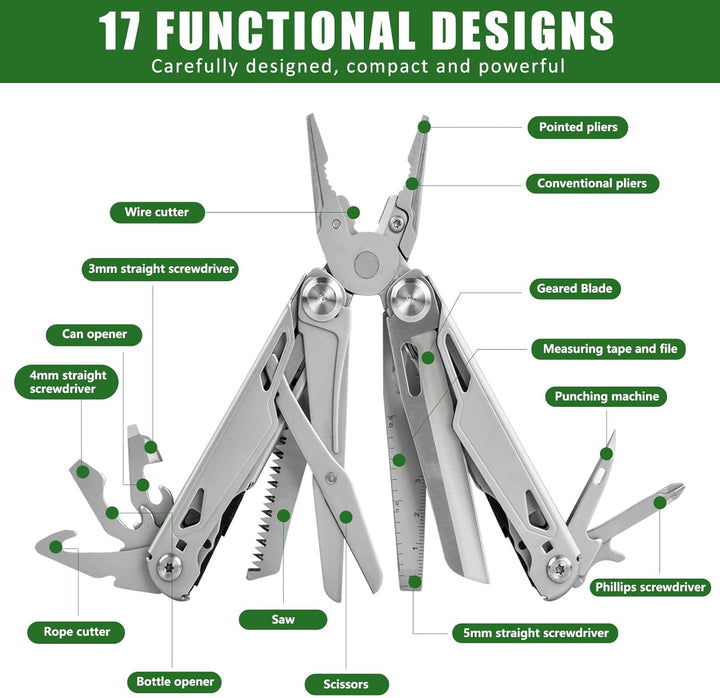 17-in-1 Multi Tool, Faltbares Multifunktion Zange Werkzeug Edelstahl, mit Zange Schraubendreher Mess