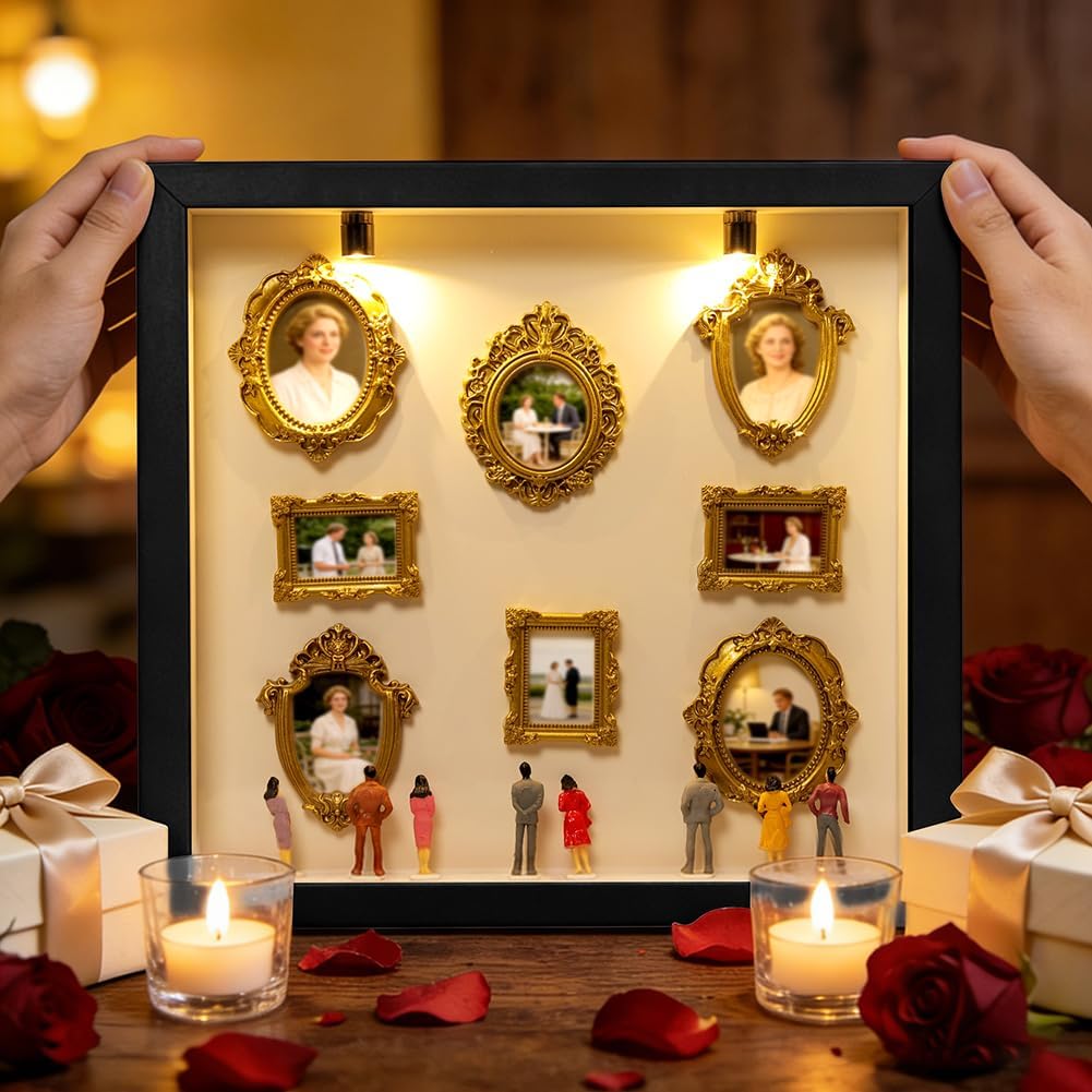Aolso Mini Museum Silhouette Box, Foto Erinnerungsanzeige mit Mini Bilderrahmen Gold und Figuren, Kr