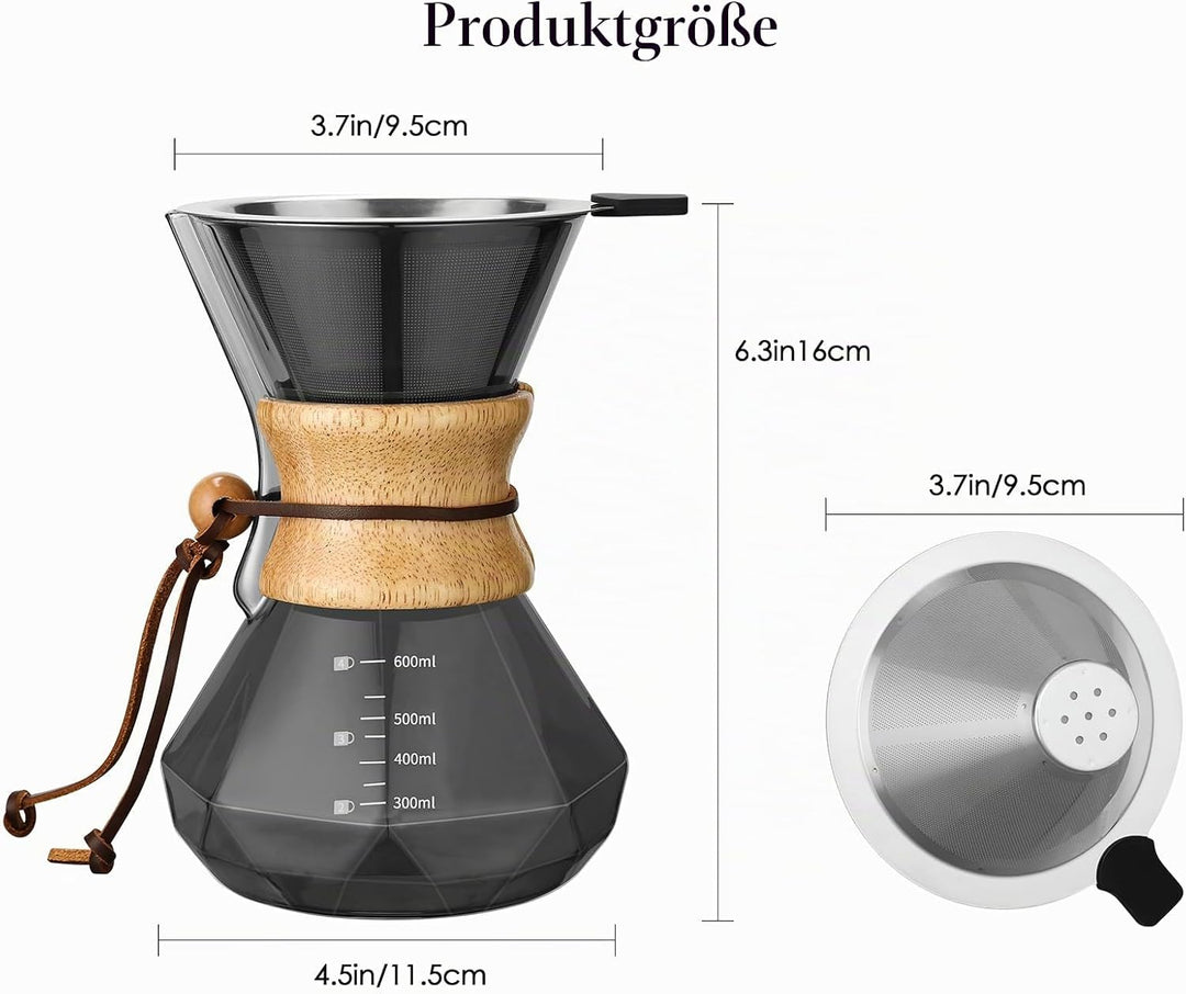 Lalord Pour Over Kaffeebereiter mit Edelstahlfilter, 600 ml Borosilikatglas Kaffeekaraffe, Holzkrage