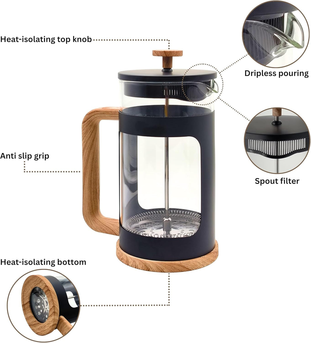 Generisch French Press Kaffeebereiter, 1 L, mattschwarz, Holzoptik-Griff, hitzebeständiges Glas, Ede