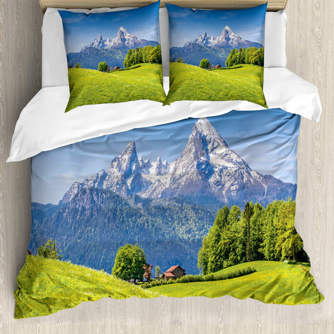 ABAKUHAUS Berg Bettbezugs Set Für Doppelbetten, Alpen mit Wiese Flora, Milbensicher Allergiker geeig