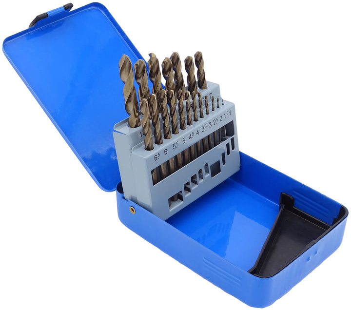 PeTools 19tlg. Edelstahl-Bohrer HSS-E (1-10mm) Kobalt Cobalt (Co5) Spiral-Bohrer VA mit Kreuzanschli