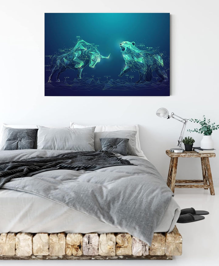 Pixxprint Stier vs. Bär – Börse Aktien als Leinwandbild | Grösse: 100x70 cm | Wandbild | Kunstdruck