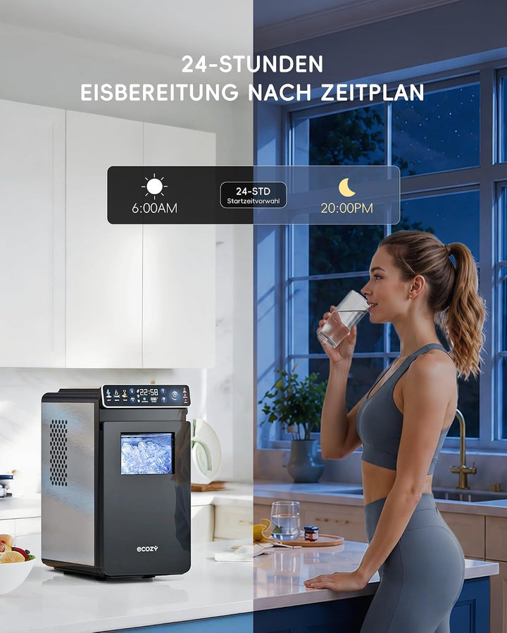 ecozy Eiswürfelmaschine Klein, Tragbar und Kompakt mit Farbdisplay, 24-Stunden-Timer, 12 KG/24H, Eis