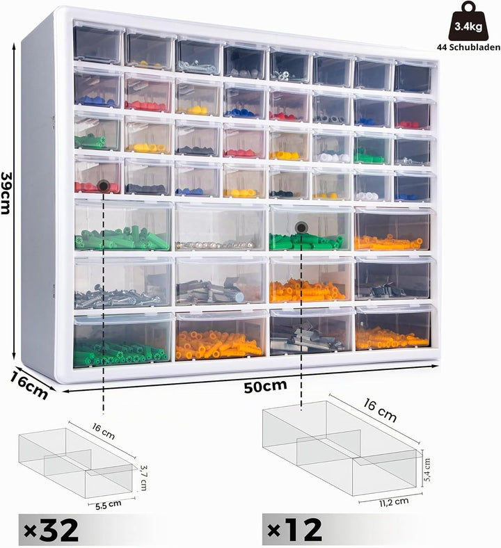 CraftGenes 44 Schubladen Schraubenaufbewahrung Organizer Grau Kleinteileschrank mit leichtgängigen S