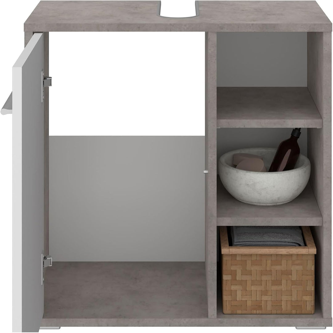 Waschbeckenunterschrank ORNA Betonoptik/weiss mit 1 Tür und 3 offenen Fächern, Waschbeckenschrank au