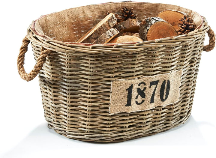 Kobolo Holztrage Holzkorb für Kaminholz oval - Rattan grau - mit Jutestoff ausgestattet - 1870