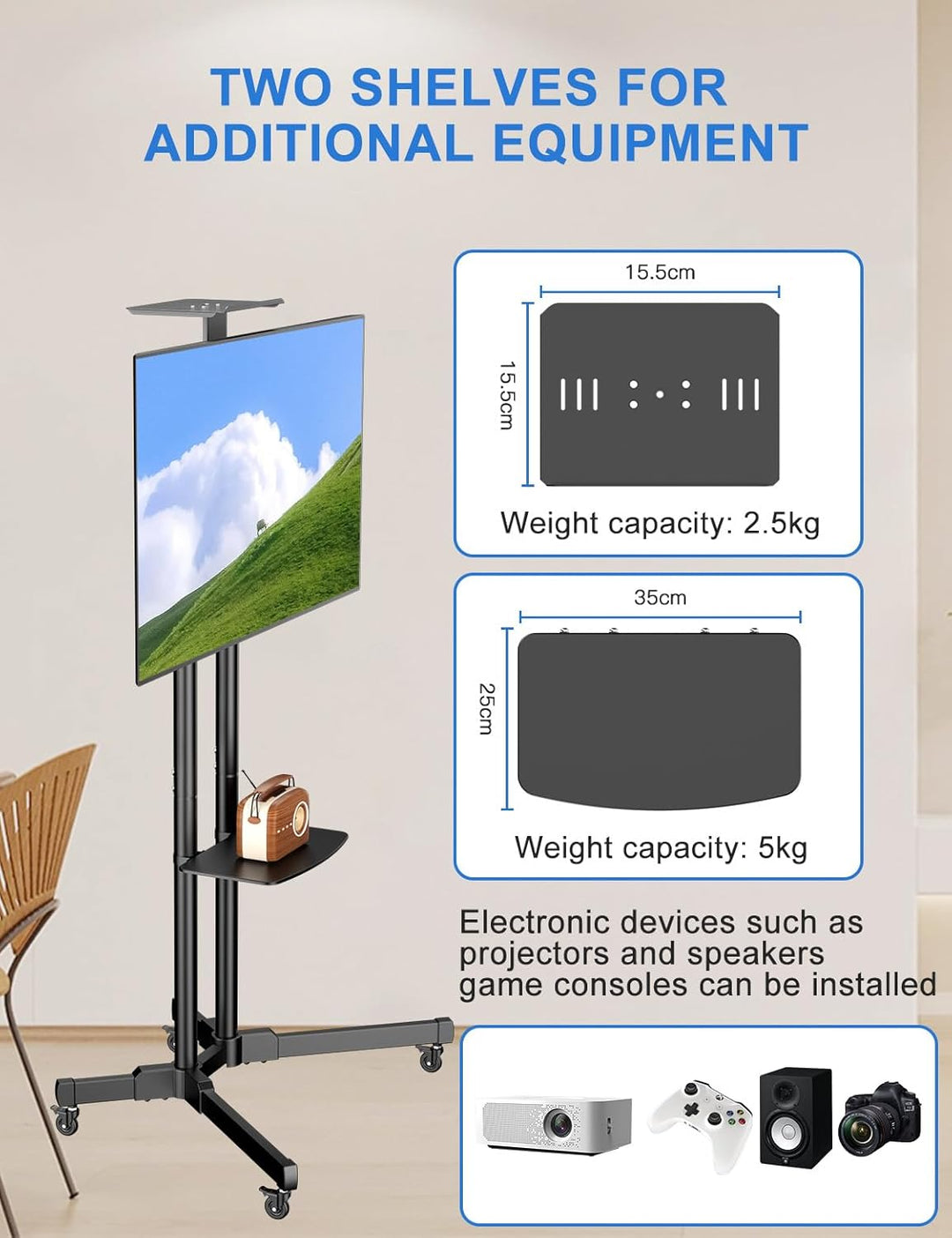 FORGING MOUNT TV Ständer Rollbar für 32-75 Zoll TVs bis zu 50kg, Doppelstützen-Design, Mobiler TV St