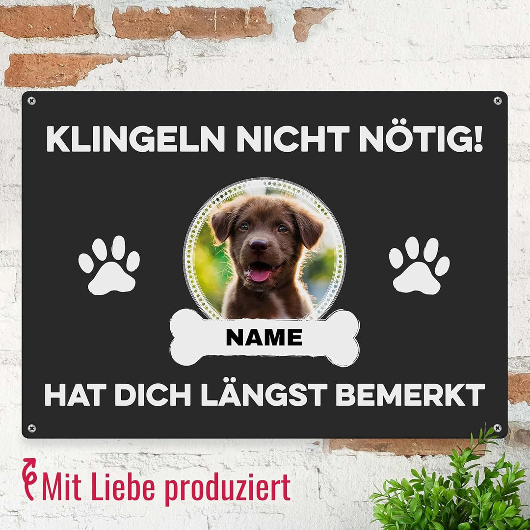 Hunde Schild personalisiert - Klingeln nicht nötig - Metallschild mit Foto und Name für aussen, wett