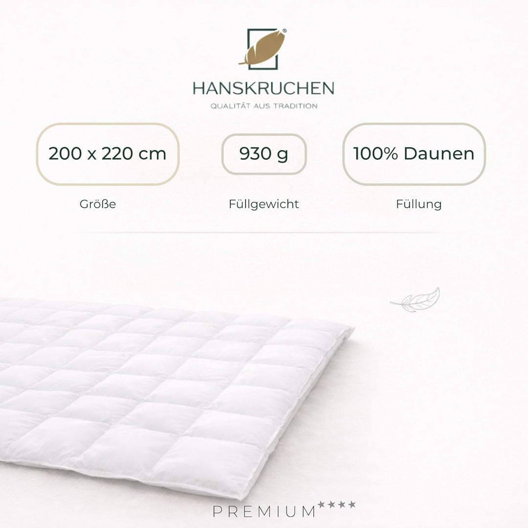 Hanskruchen® Premium **** Daunendecke 200x220 cm - MEDIUM/Ganzjahres - Made in Germany Kassettendeck
