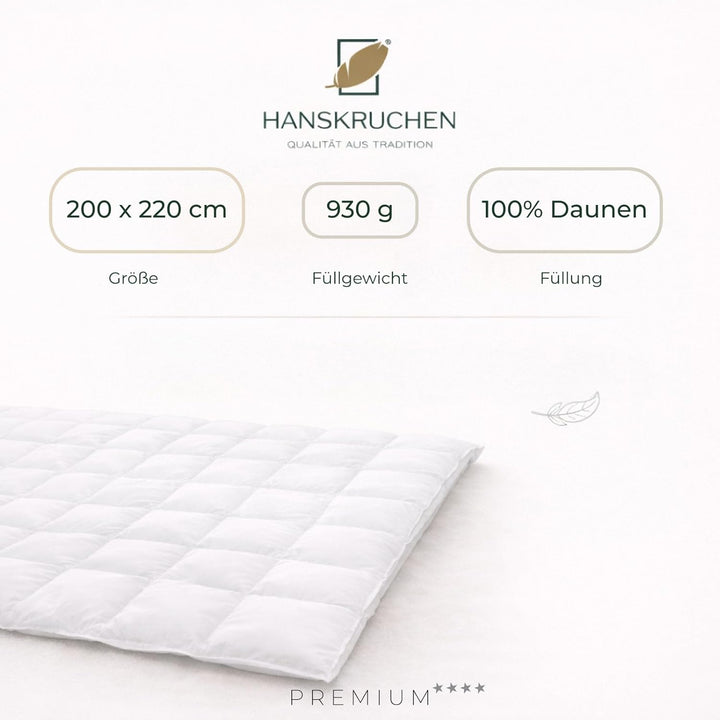 Hanskruchen® Premium **** Daunendecke 200x220 cm - MEDIUM/Ganzjahres - Made in Germany Kassettendeck
