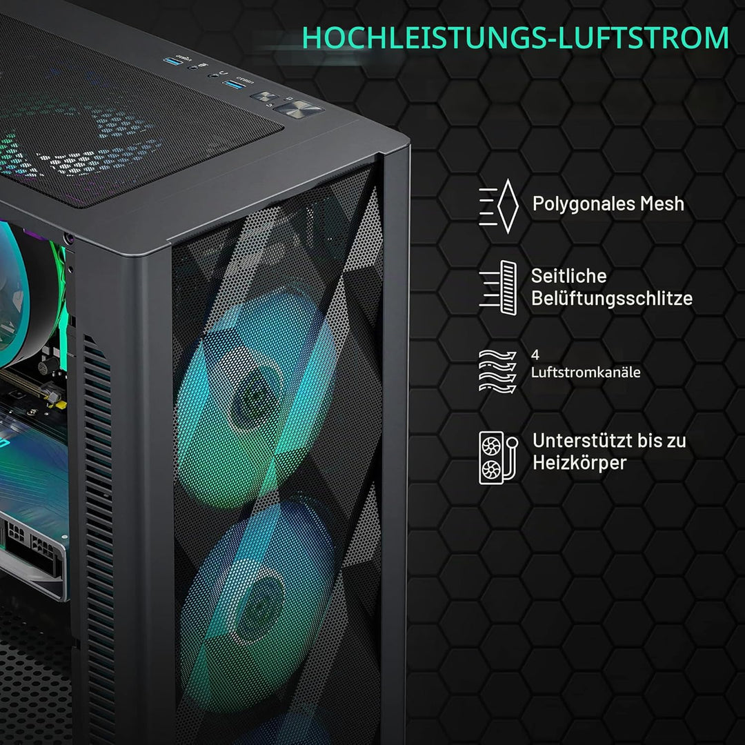 MUSETEX ATX PC Gehäuse Pre-Install 6 PWM ARGB Lüfter, Polygonal Mesh Computer Gaming Gehäuse, Öffnun