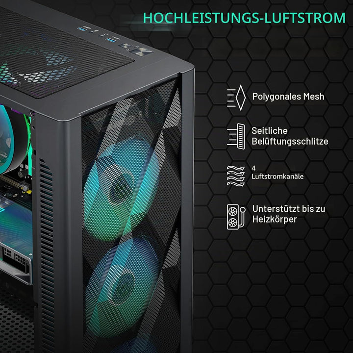 MUSETEX ATX PC Gehäuse Pre-Install 6 PWM ARGB Lüfter, Polygonal Mesh Computer Gaming Gehäuse, Öffnun