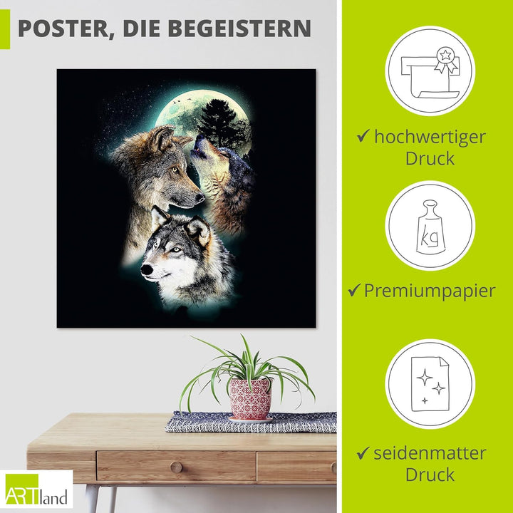 ARTland Poster Kunstdruck Wandposter Bild ohne Rahmen 70x70 cm Tiere Collage Schwarz Mythologie Wolf
