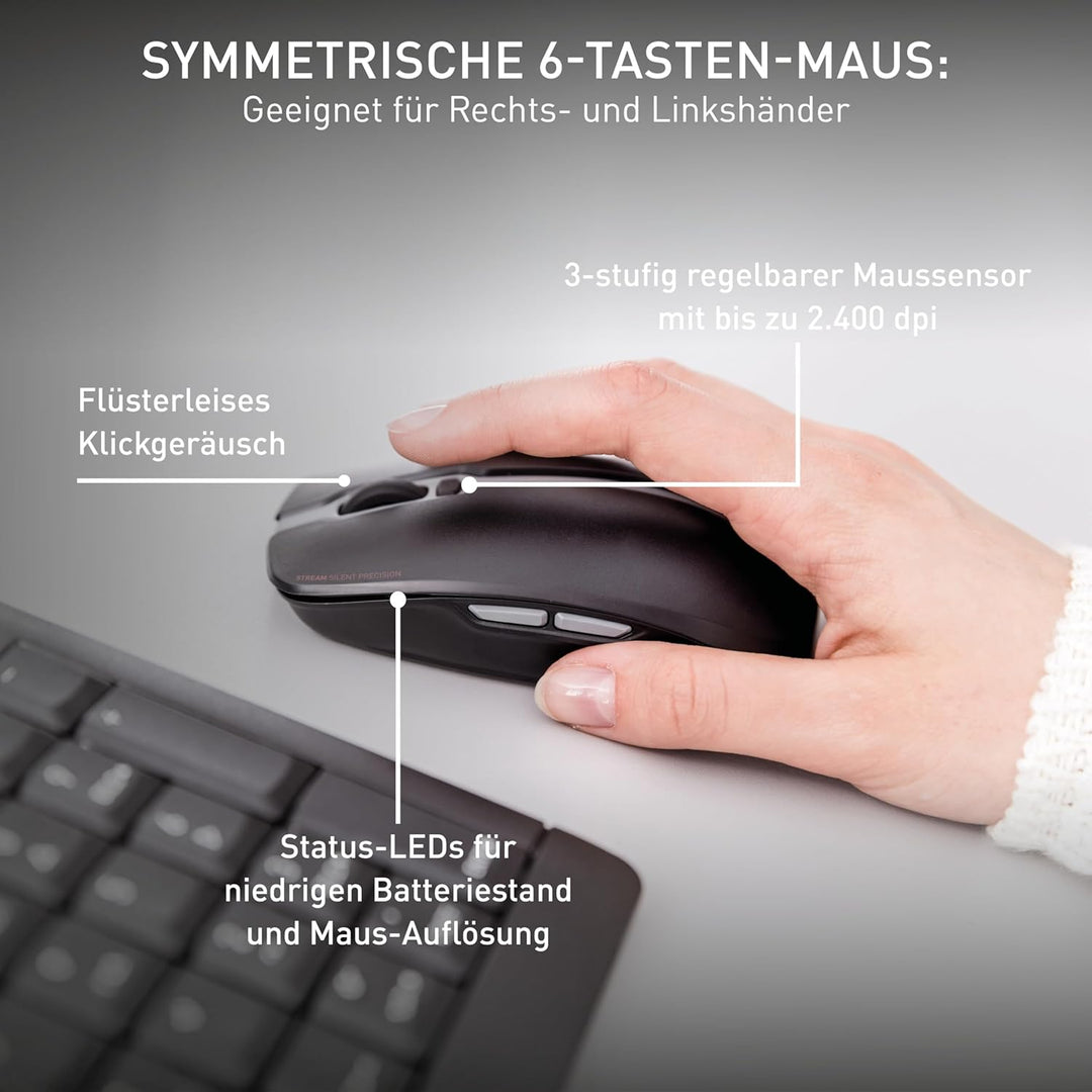 CHERRY Stream Desktop, Kabellose Tastatur und Maus, Deutsch QWERTZ, Schwarz, Schwarz