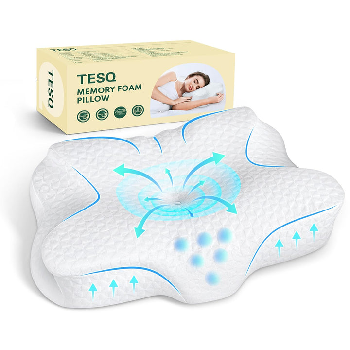 TESQ Ergonomisches Nackenkissen 2-in-1 | Memory Foam, Für Seiten- und Rückenschläfer, 60 x 40 x 9/12