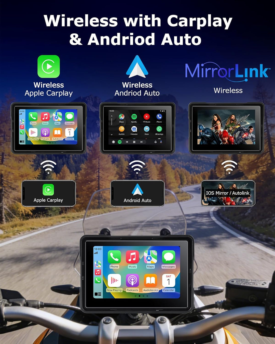 Jansite Motorrad Carplay Bildschirm Android Auto mit TPMS Reifendruckkontrollsystem, Motorrad Navi m