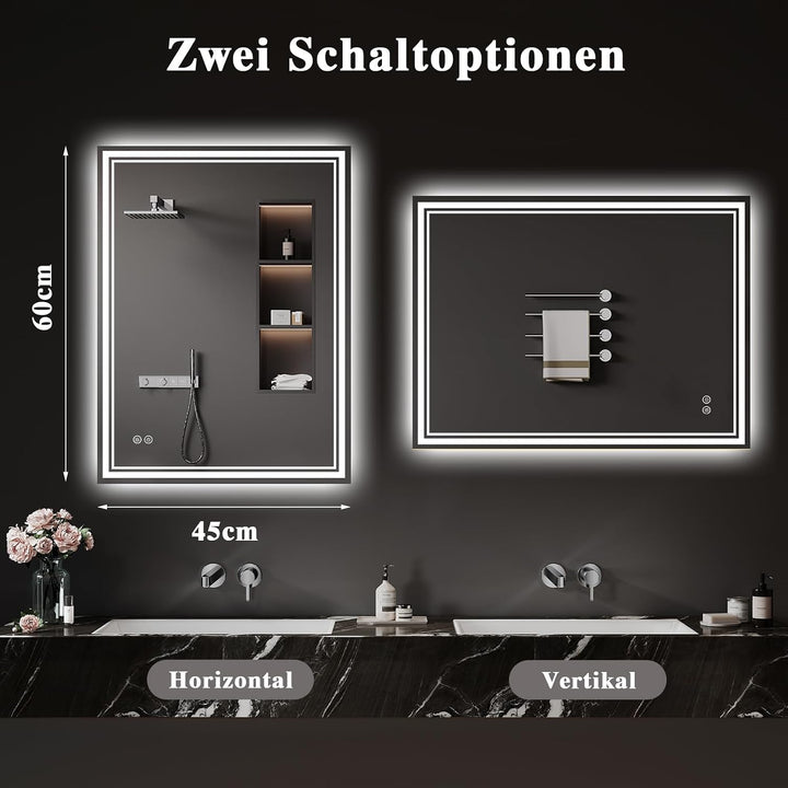 Badspiegel-mit-Beleuchtung 45x60cm - LED Badezimmerspiegel Badezimmer Spiegel mit Beleuchtung, Besch