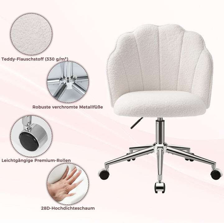 Schminktisch Stuhl mit Rollen, Drehstuhl für Mädchen, Muschelstuhl für Schlafzimmer und Home Office，