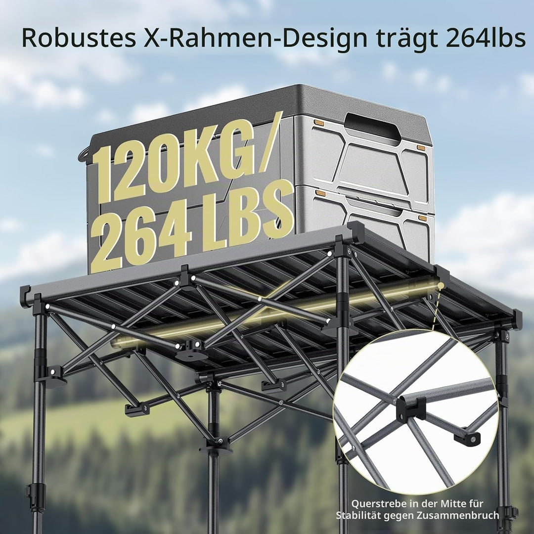 Anbte Campingtisch Klapptisch 67x58cm(LxB) Aluminium Aufrollbare Tischplatte mit 2 Höhen 44/70cm X-F