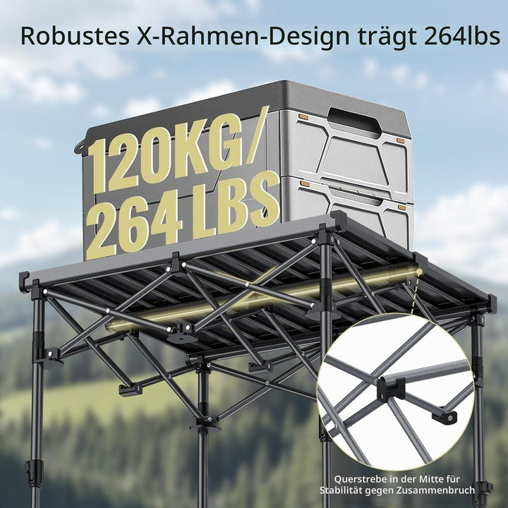 Anbte Campingtisch Klapptisch 67x58cm(LxB) Aluminium Aufrollbare Tischplatte mit 2 Höhen 44/70cm X-F