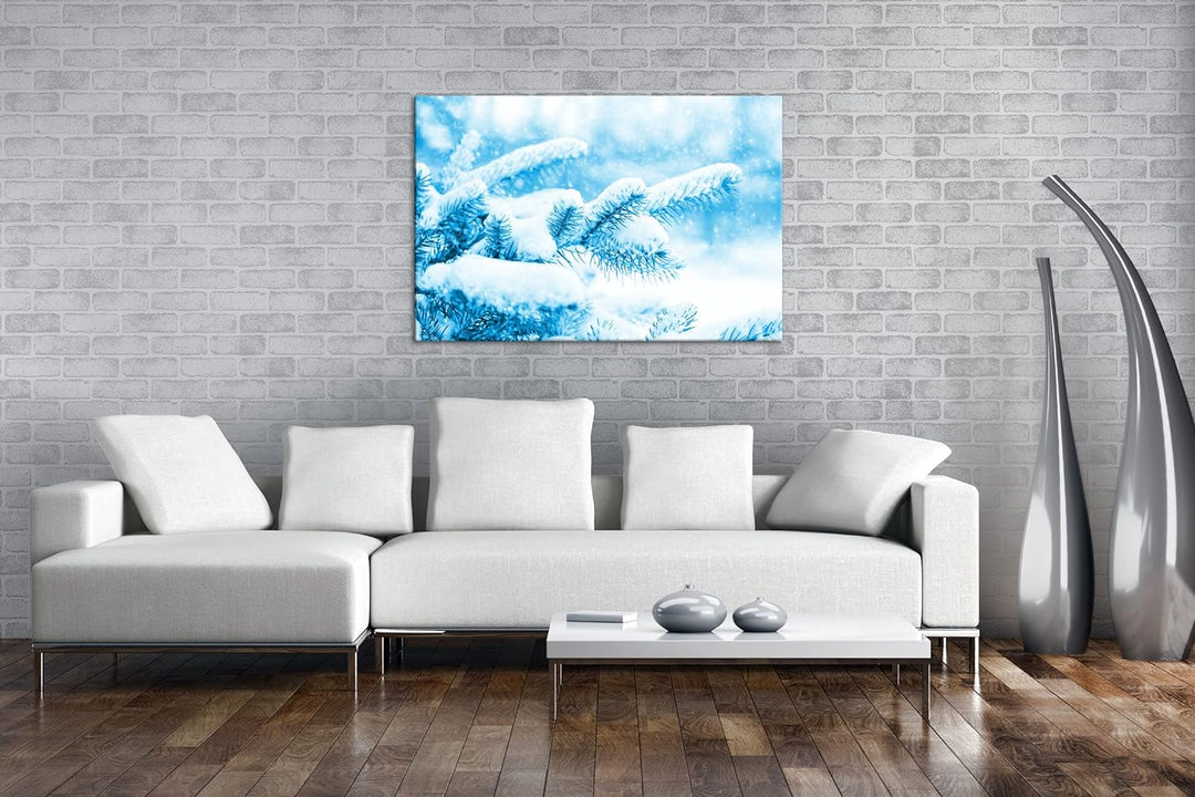 deyoli Kiefernzweige im Winter Format 80x60 Effekt: Monocrome Blau als Leinwandbild, Motiv fertig ge