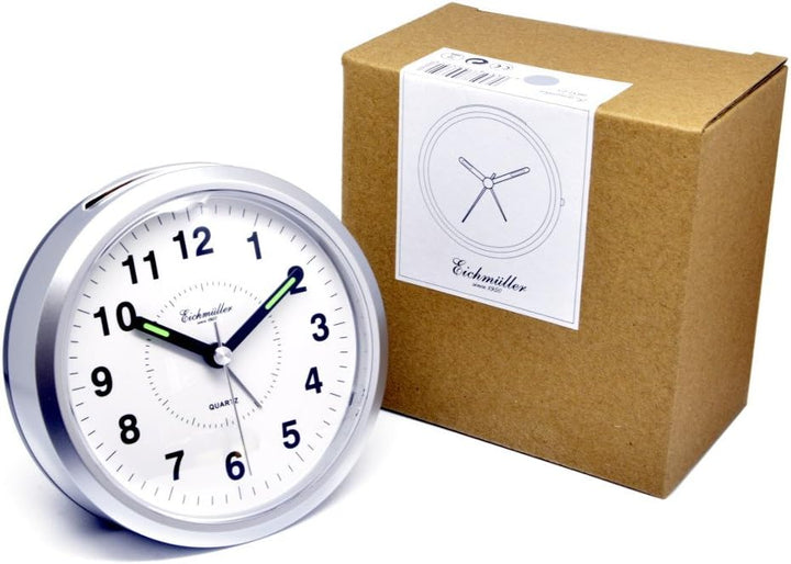 Eichmüller Wecker Analog mit Licht und Weckwiederholung - batteriebetrieben rund in Silber mit Ziffe