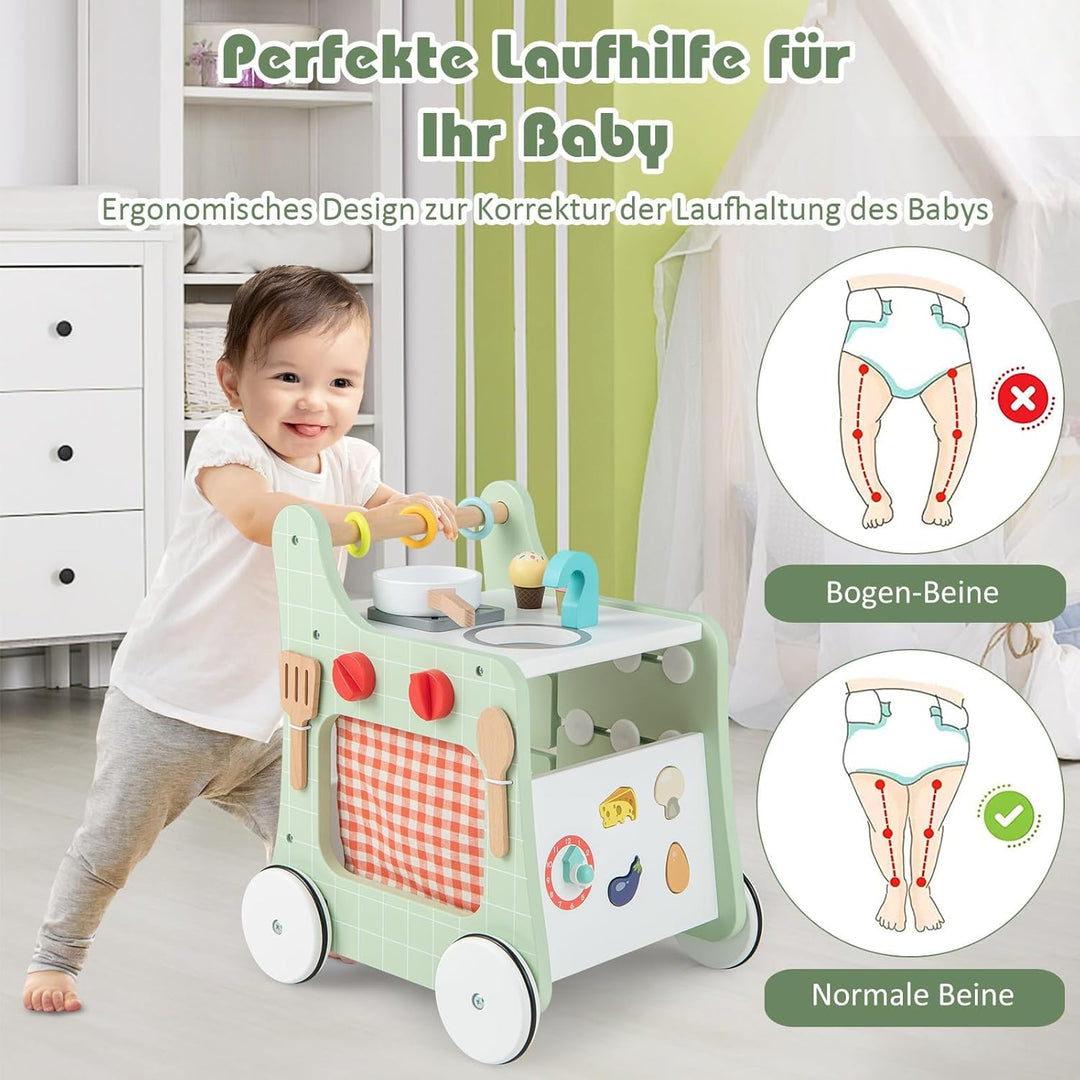 FANTASK 6 in 1 Lauflernwagen aus Holz, Lauflernhilfe mit Spielküche, Lernuhr, Formanpassung & bewegl