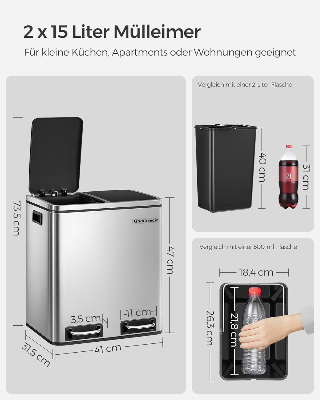 SONGMICS Mülleimer Küche, 2 x 15 L, Mülltrennsystem, Abfalleimer aus Metall, Treteimer mit Inneneime