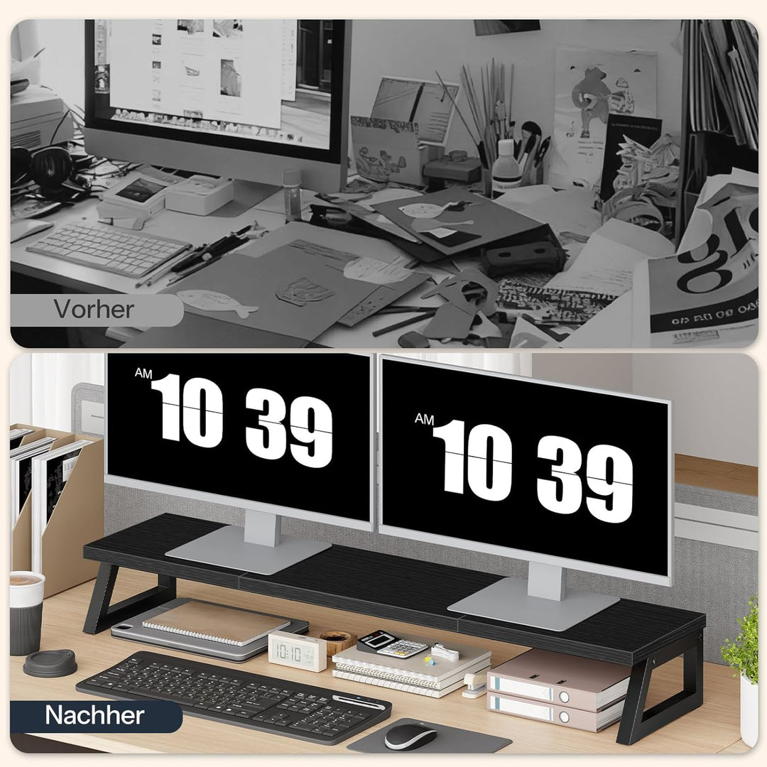 HOOBRO Monitorständer Holz für 2 Monitore, 100 x 24 x 12,5 cm, Dual Monitor Ständer, Bildschirmerhöh