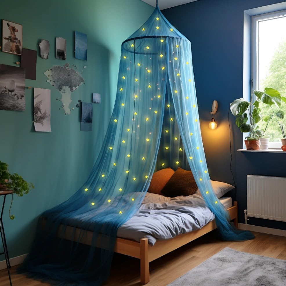 Blaues Betthimmel mit vorgeklebten leuchtenden Sternen - Prinzessinen Moskitonetz für Mädchen Zimmer