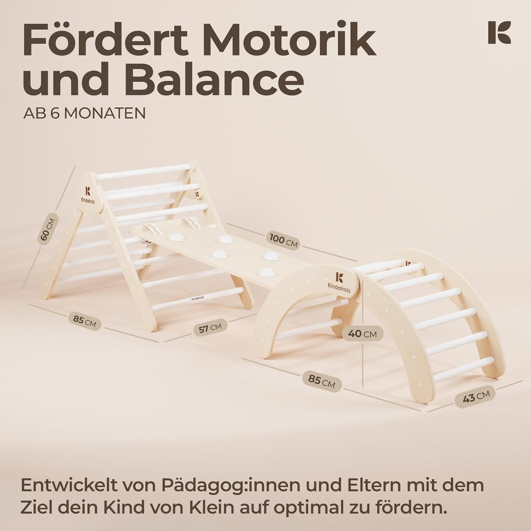 KINDAHOLZ 5in1 Klettergerüst Indoor-Spielplatz Set – Pikler-Kletterdreieck + Kletterbogen + 2-in-1-R