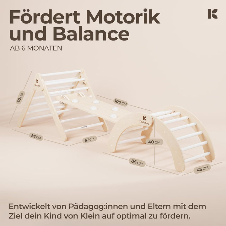 KINDAHOLZ 5in1 Klettergerüst Indoor-Spielplatz Set – Pikler-Kletterdreieck + Kletterbogen + 2-in-1-R