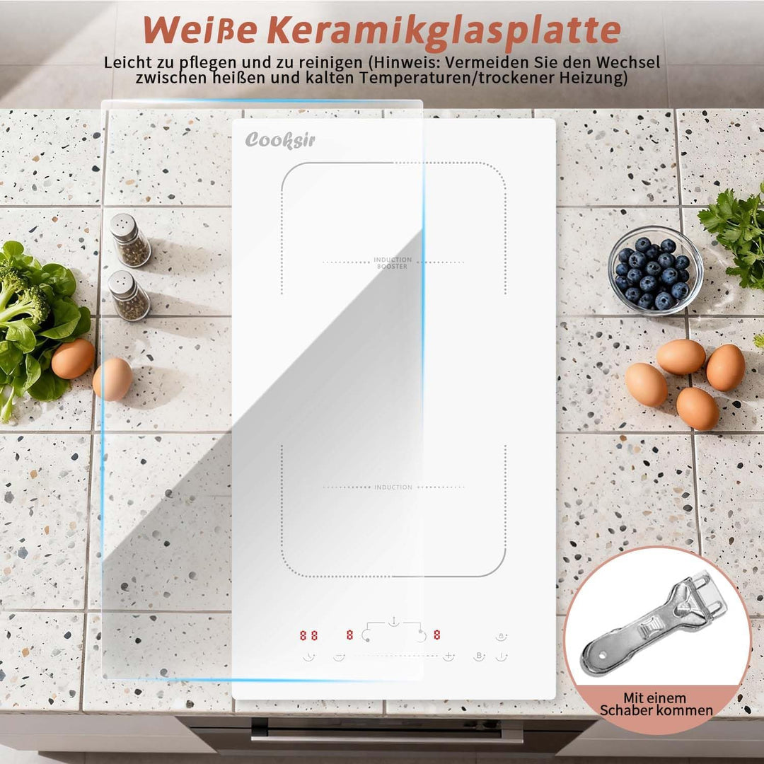 Induktionsfeld 2 Platten Einbau, Induktionskochfeld 30 cm mit Keramikglas, Flexzone, 3500W, Touch-Sc