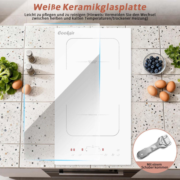 Induktionsfeld 2 Platten Einbau, Induktionskochfeld 30 cm mit Keramikglas, Flexzone, 3500W, Touch-Sc