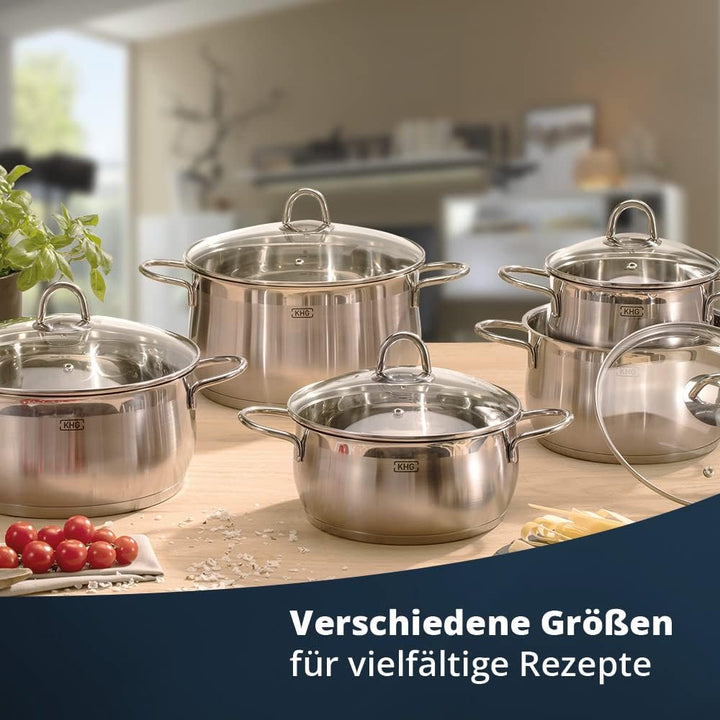 KHG Topfset Induktion aus rostfreiem Edelstahl | 5-teilig inklusive Glasdeckel mit Dampfloch | Kocht