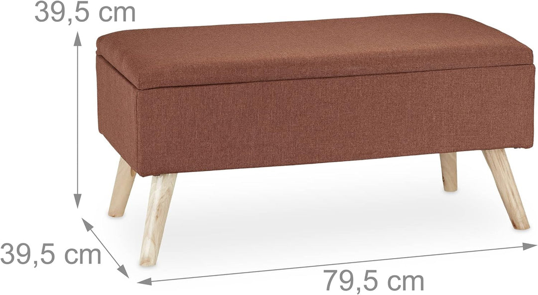 Relaxdays, braun Sitzbank mit Stauraum, gepolstert, Holzbeine, Truhenbank Stoffbezug, H x B x T: 39,