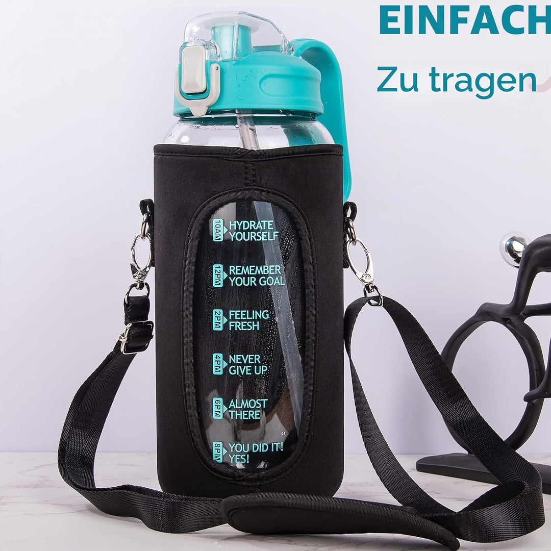 DEARRAY 2l Trinkflasche Glas mit Strohhalm &amp; Zeitmarkierung 2 liter Grosse Motivation Glasflasche mi