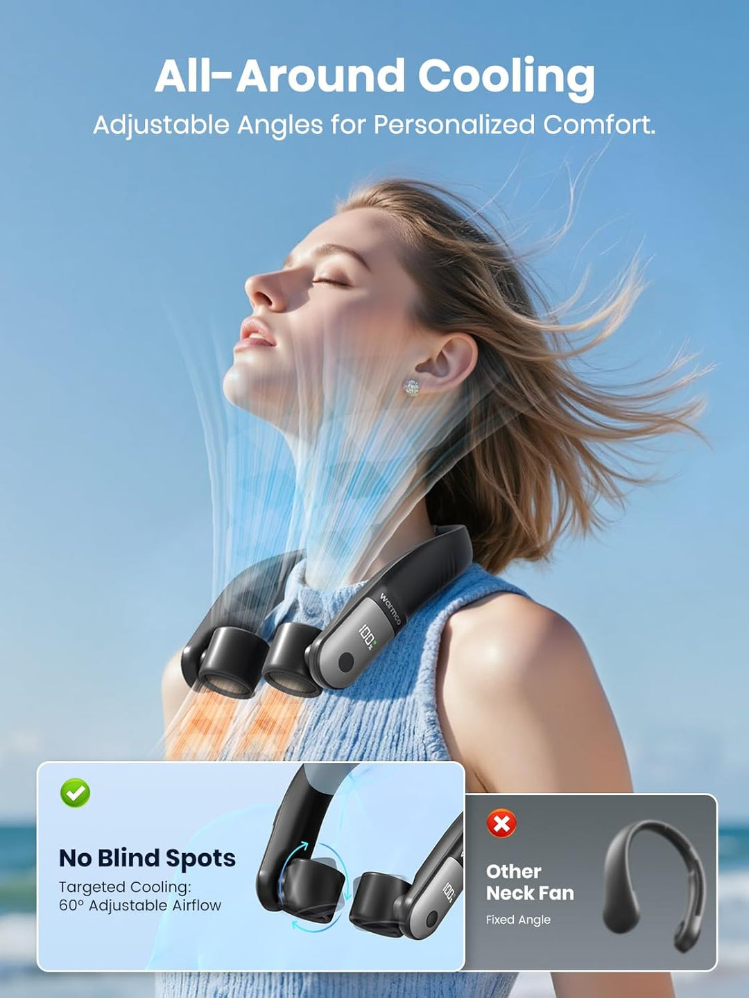 Warmco Halsventilator 10000mAh mit 60° Verstellbarem Luftauslass, 30 Std. Lange Laufzeit, LED Displa