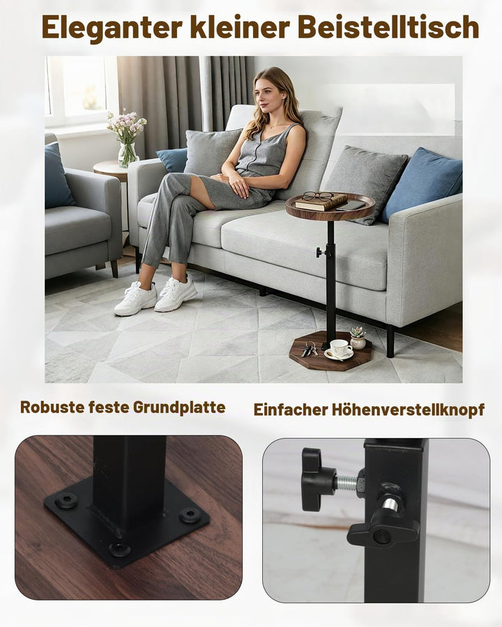 Beistelltisch Rund Holz, 360°Rotierend Höhenverstellbarer Beistelltisch mit Kantenschutz, Rutschfest