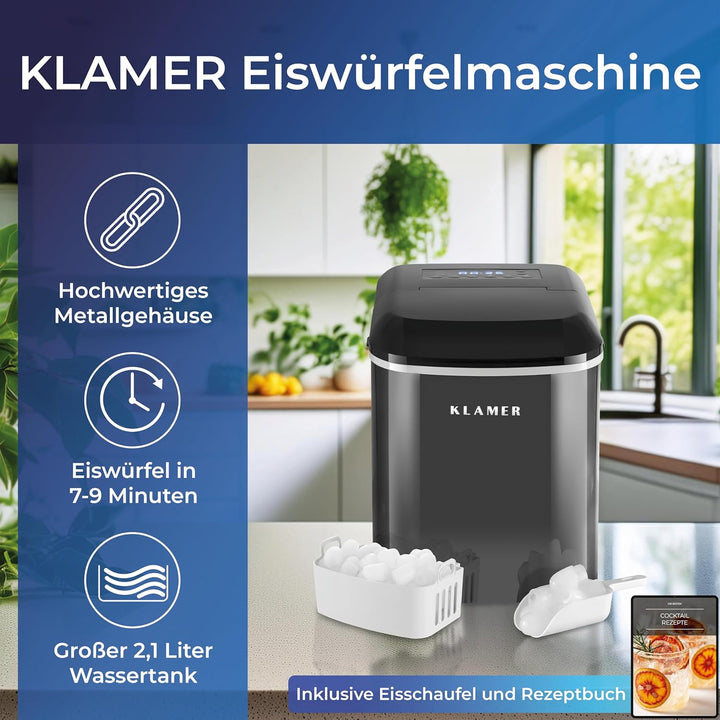 KLAMER Eiswürfelmaschine (2023), 10 Eiswürfel in 7-9 Minuten, 15 kg Eiswürfel pro Tag, 2 Eiswürfelgr