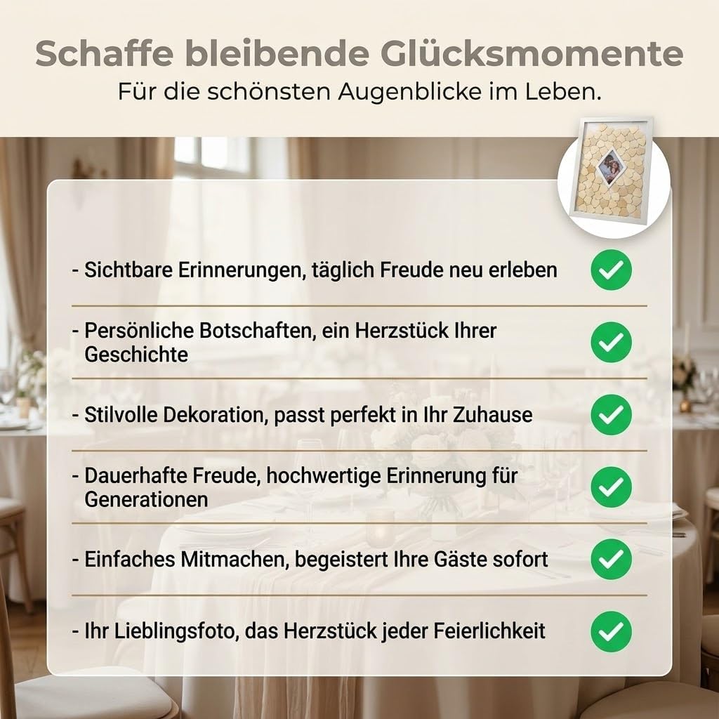 Jandiklee Gästebuch Holzrahmen inkl. Herzen aus Holz für Hochzeit, Taufe, Geburtstag (Fotorahmen Dia